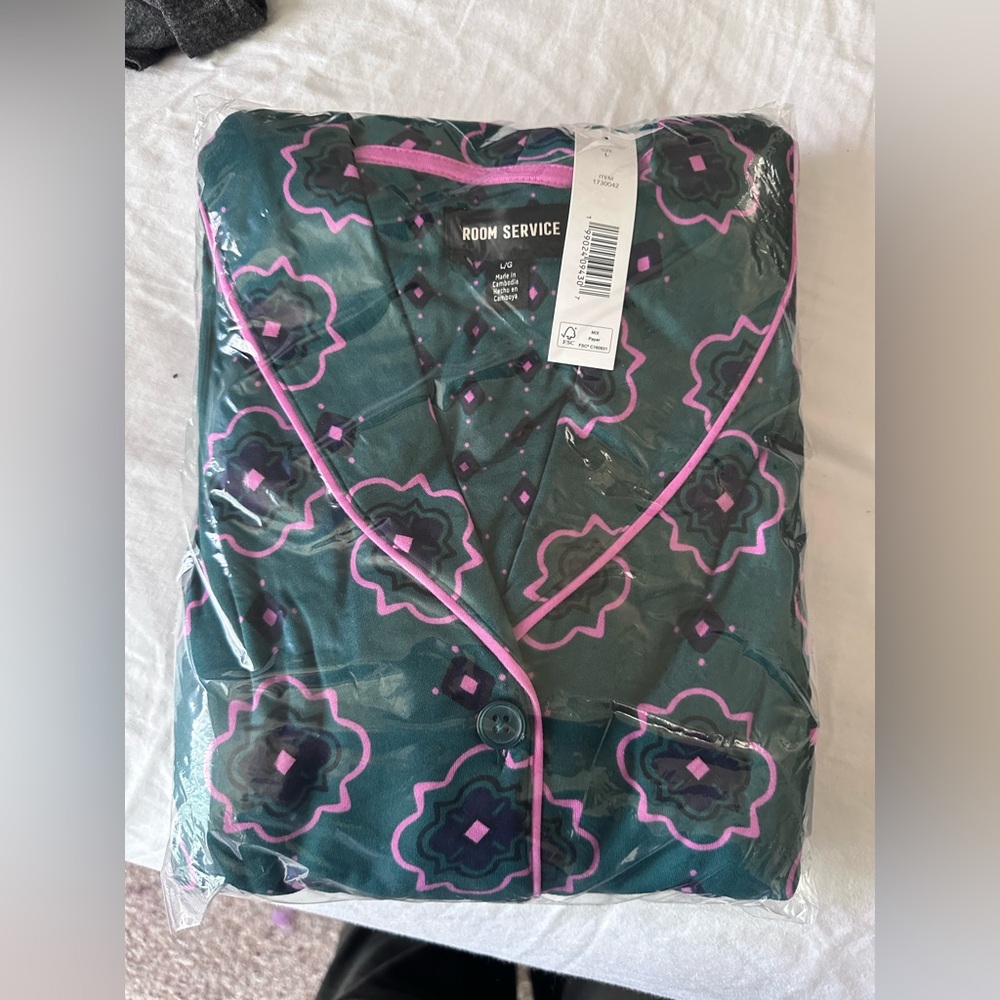 Room Service Floral Pajama set with Pink Trim